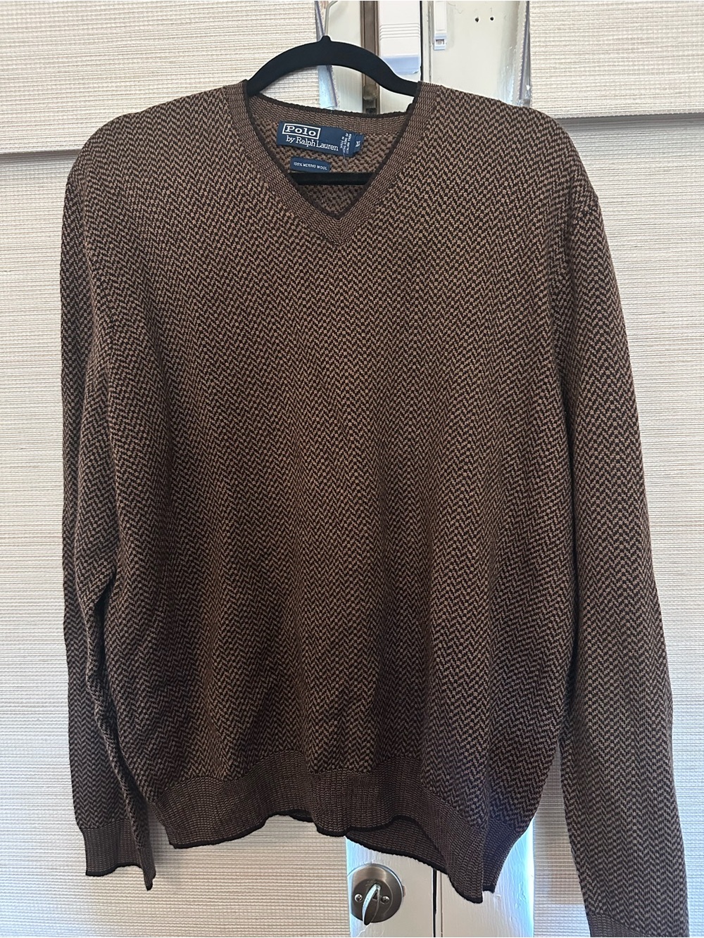 Ralph Lauren Polo Brown V-Neck Herringbone Sweater Size XL